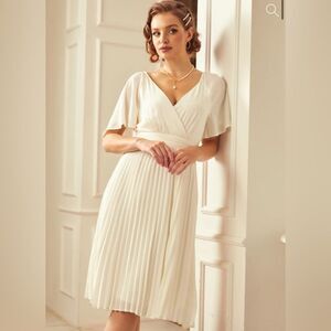 Modcloth Elevated In Love Midi Dress Pleated Skirt Wrap Cream Off White 6 NWOT